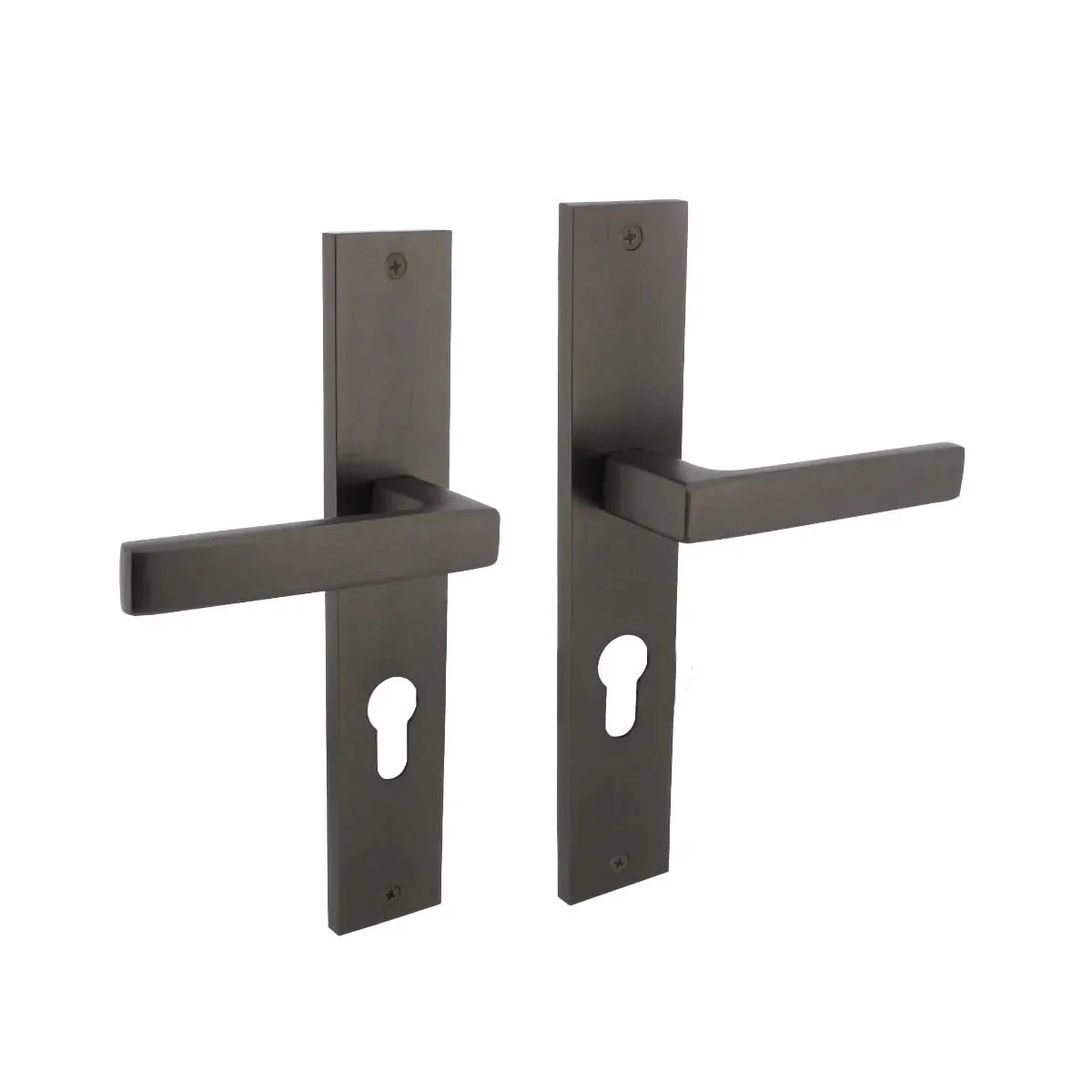 Edge Kruk Blok Gun Metal Antraciet grijs blind, toilet, SL55 en PC55, Intersteel Hera, Bastian en Bau-Stil schild 245x45mm Antracietgrijs in blind en WC63/8mm plus Differnz Amsterdam ovaal — gun metal deurkrukken op schild.