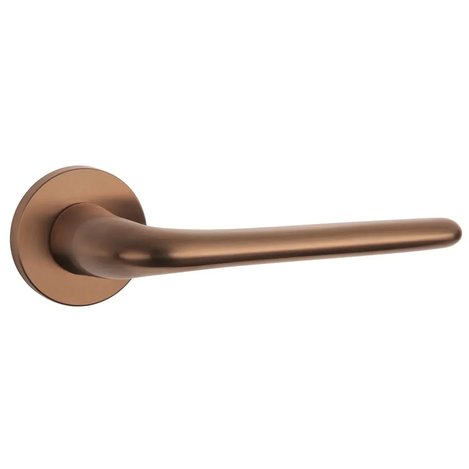 Aprile Azalia Mat Koper PVD op rond rozet — hoofdcollectie koper binnendeur-krukken van STERK OVAL, Aprile massieve Pools-Italiaans design, DND en Olivari Link mat titaan PVD voor moderne villa en designer-interieur.