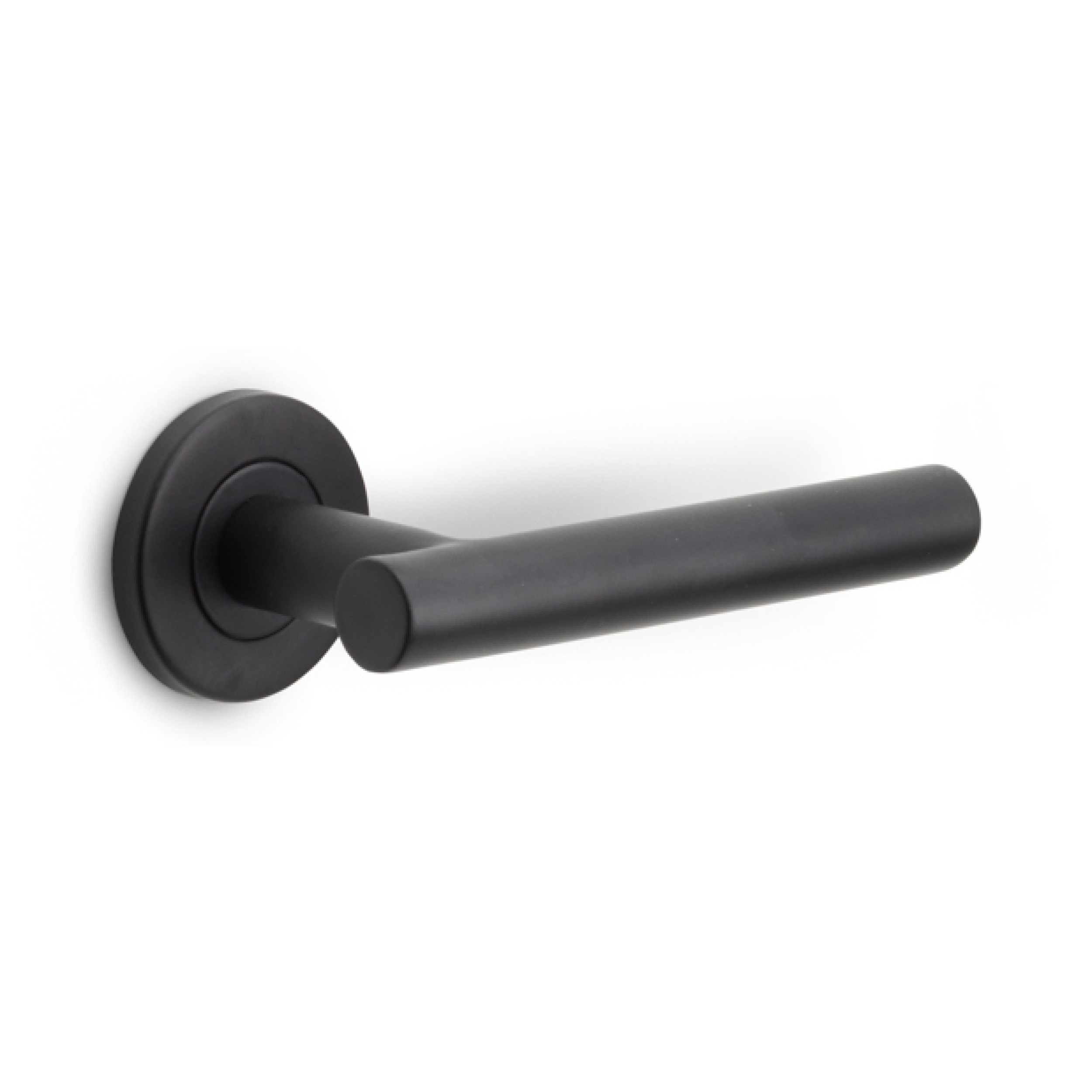 Zwarte deurkrukken — Formani LB7L-19 satin black en mat-zwarte Aprile Intersteel Olivari deurkrukken op rond of vierkant rozet voor moderne strakke binnendeur