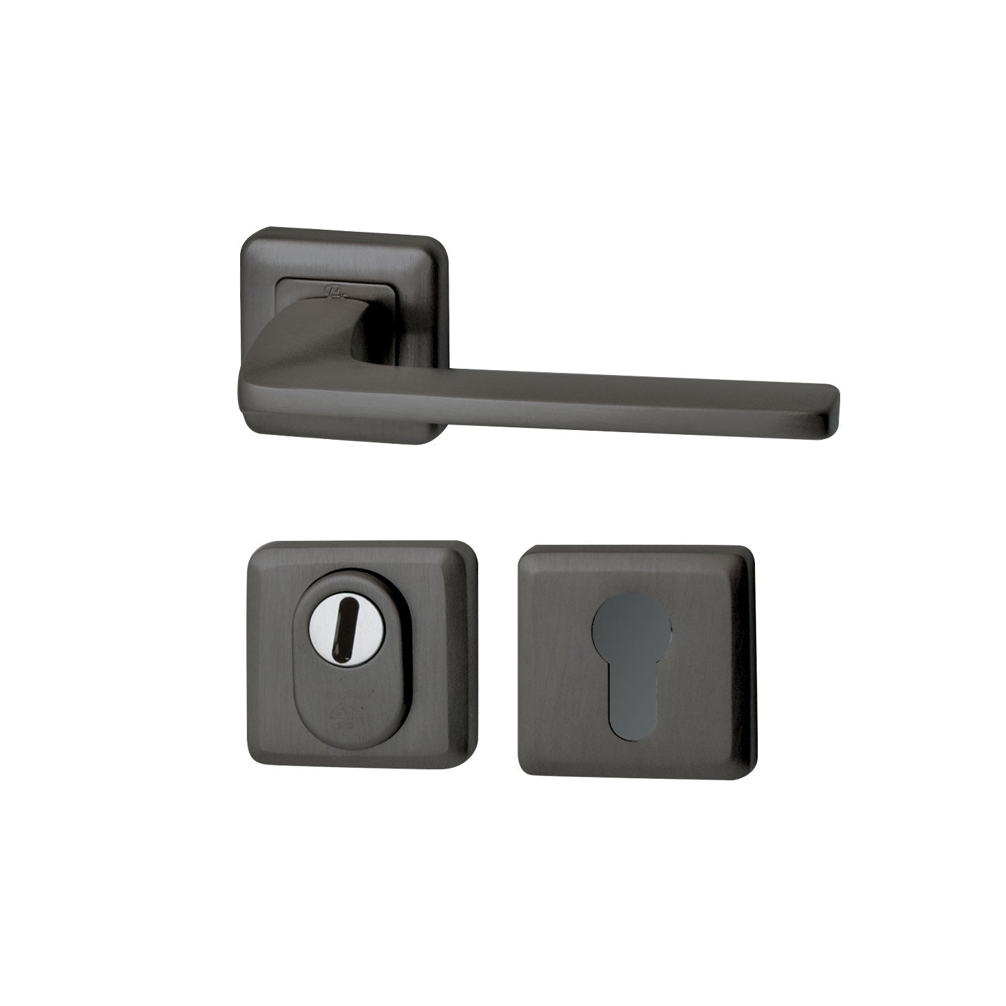 Hardbrass Achterdeurset Zenith vierkant SKG3 PVD Gun Metal plus Roestvrijstalen Achterdeurset Sara en Silvia SKG3 met kerntrekbeveiliging PVD Gun Metal — gun metal achterdeurbeslag voor villa-achterdeur en tuindeur.