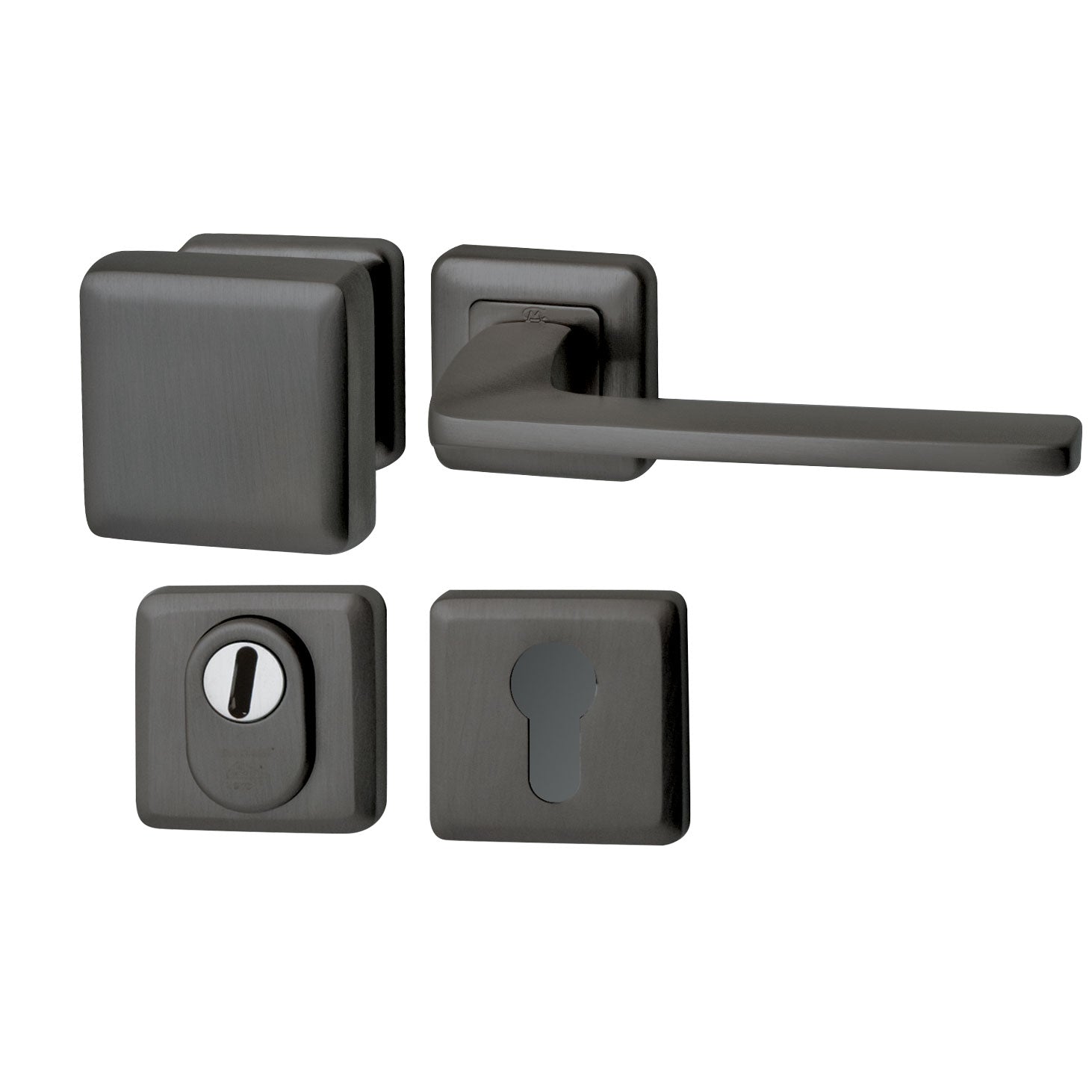 Hardbrass Voordeurset Iris/Sara compleet en 3-delig, Iris/Olympia compleet, Charley/Zenith compleet en 3-delig, Rond met Briefplaat en Tochtwering, Pragma/Silvia 3-delig — alle rechtswijzend SKG3 PVD Gun Metal voor moderne villa.