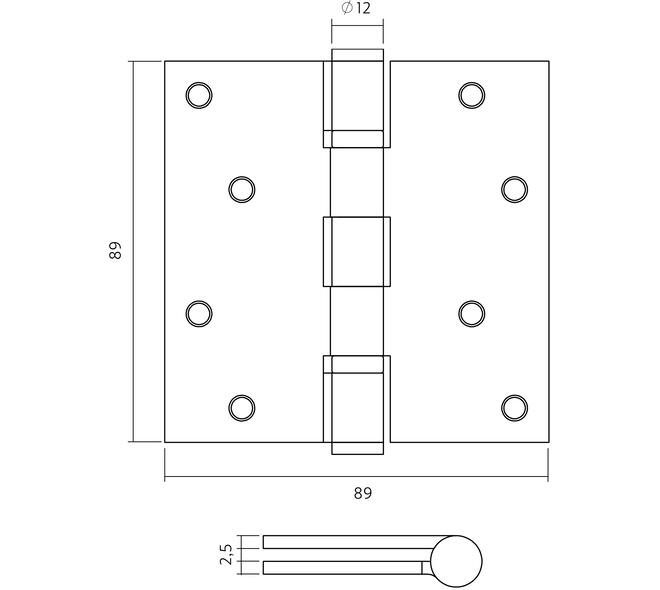 Intersteel Kogellagerscharnier 89 x 89 mm met rechte hoek PVD messing mat incl. schroeven