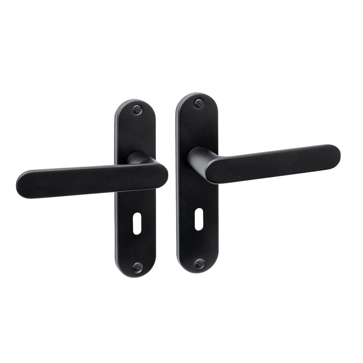 Intersteel Sora Basic deurkruk sleutelgat 56 mm op ovaal schild, mat zwart, vooraanzicht