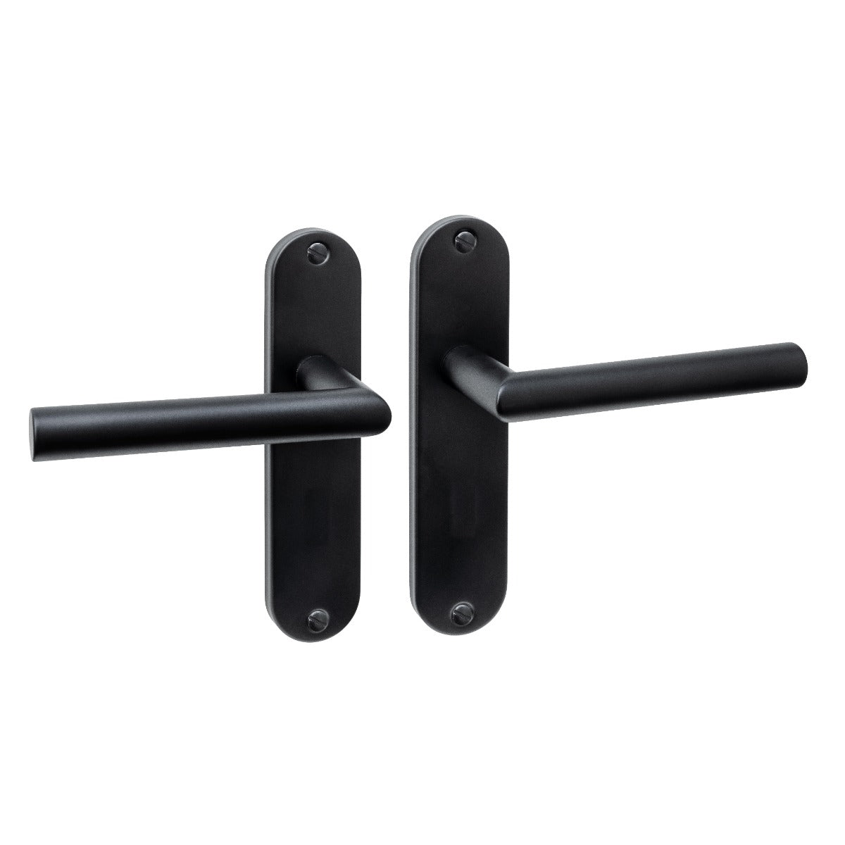 Intersteel deurkruk Jura Basic op ovaal schild 185x41mm mat zwart in blinde uitvoering zonder slotopening, vooraanzicht