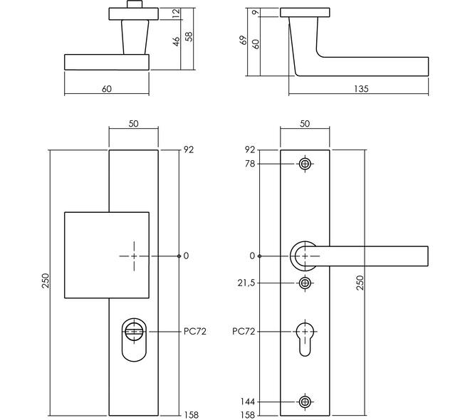 Intersteel | Veiligheidsbeslag geveerd greep/kruk met kerntrekbeveiliging | SKG3 | PC72mm | Rechthoekig | Voordeurbeslag | Aluminium Zwart - Deurbeslag-expert