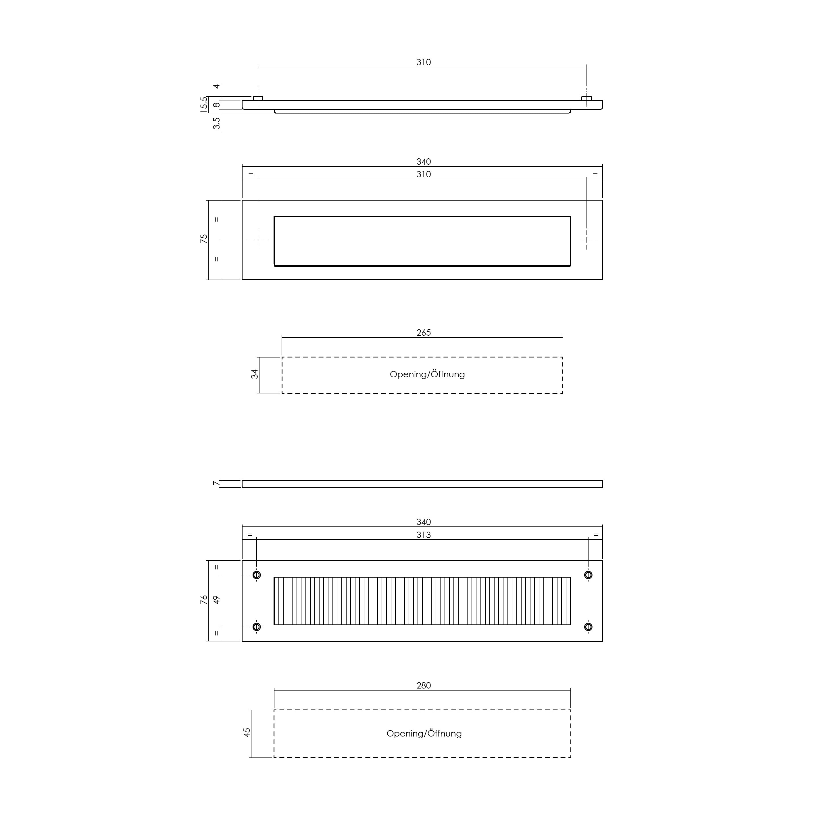 Intersteel tochtwering rechthoekig structuur zwart gesatineerd - binnenzijde detail