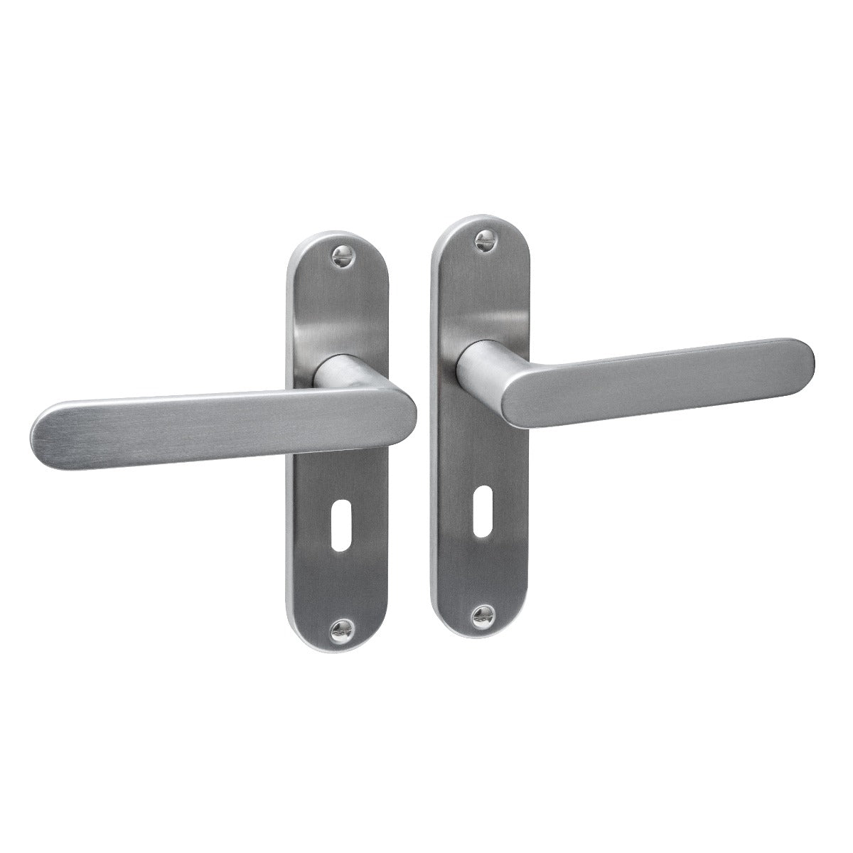 Intersteel Sora deurkruk sleutelgat 56 mm op ovaal schild RVS geborsteld, vooraanzicht