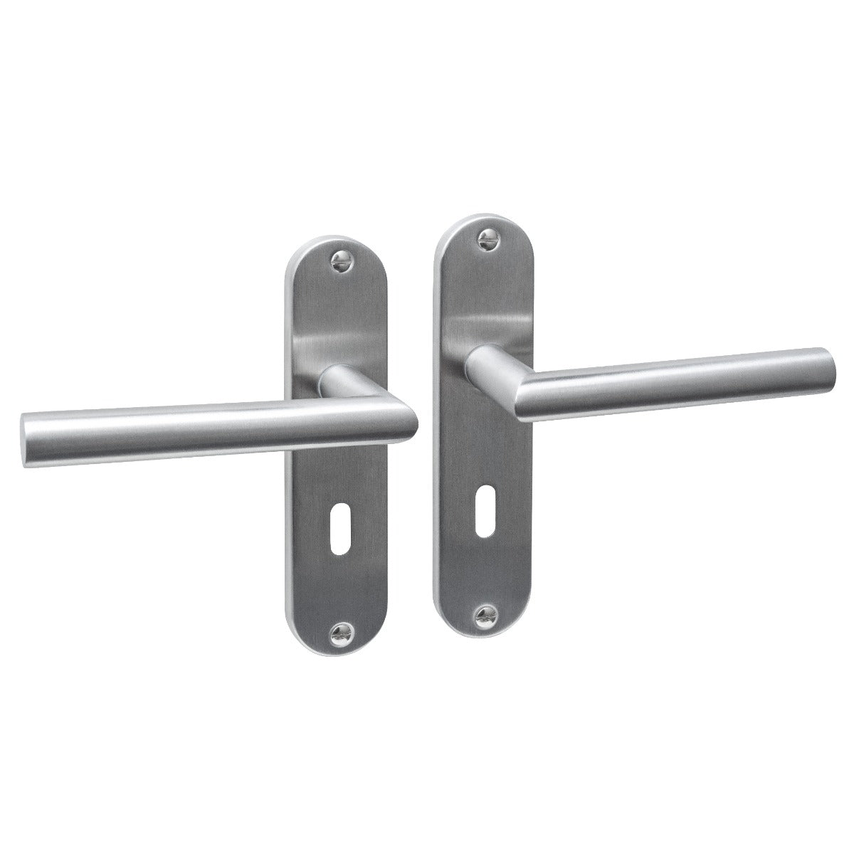 Intersteel deurkruk Jura Basic op ovaal schild sleutelgat 56 mm, RVS geborsteld, vooraanzicht