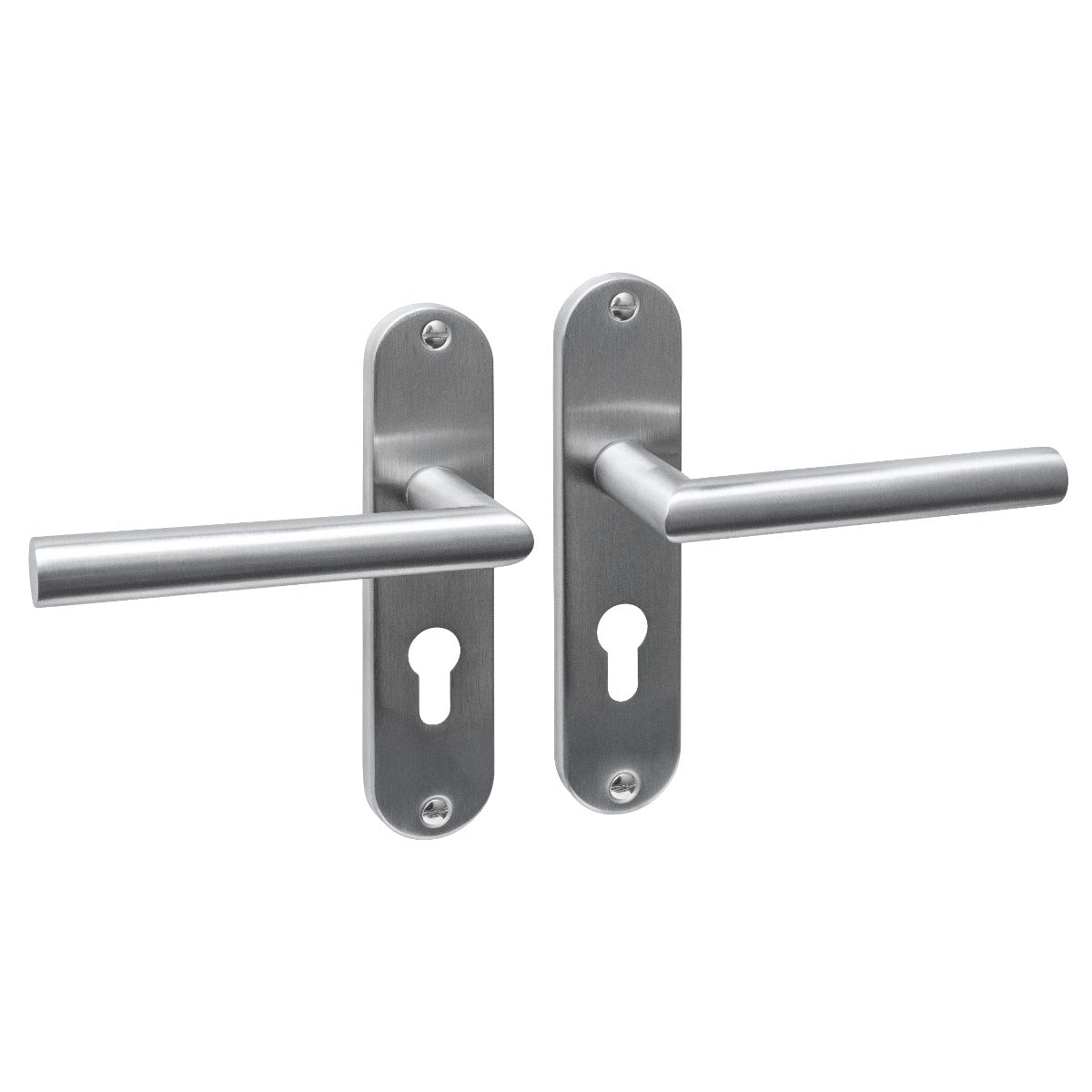 Intersteel deurkruk Jura Basic op ovaal schild profielcilinder 55 mm, RVS geborsteld, vooraanzicht