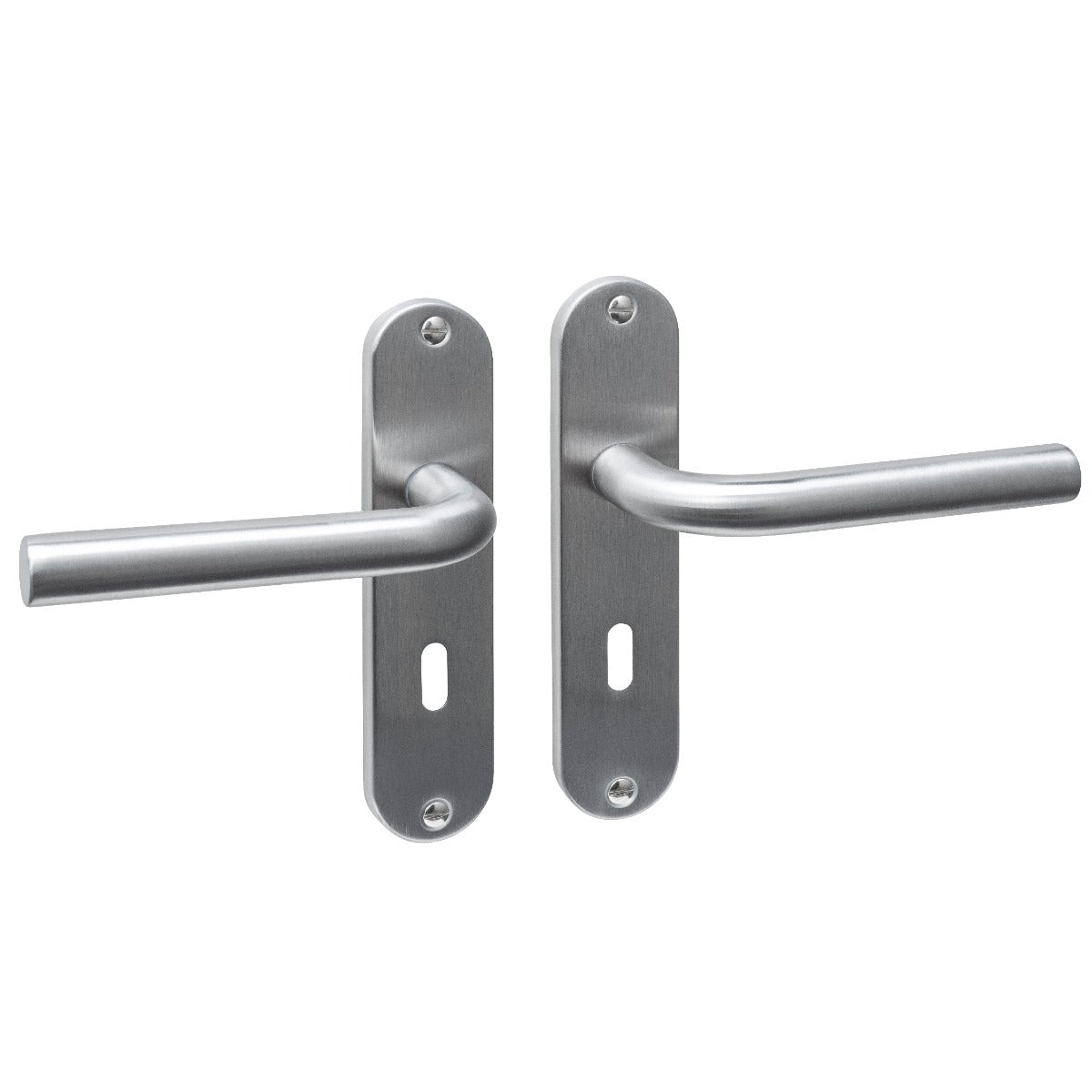 Intersteel Luzern deurkruk sleutelgat 56 mm op ovaal schild RVS geborsteld, vooraanzicht