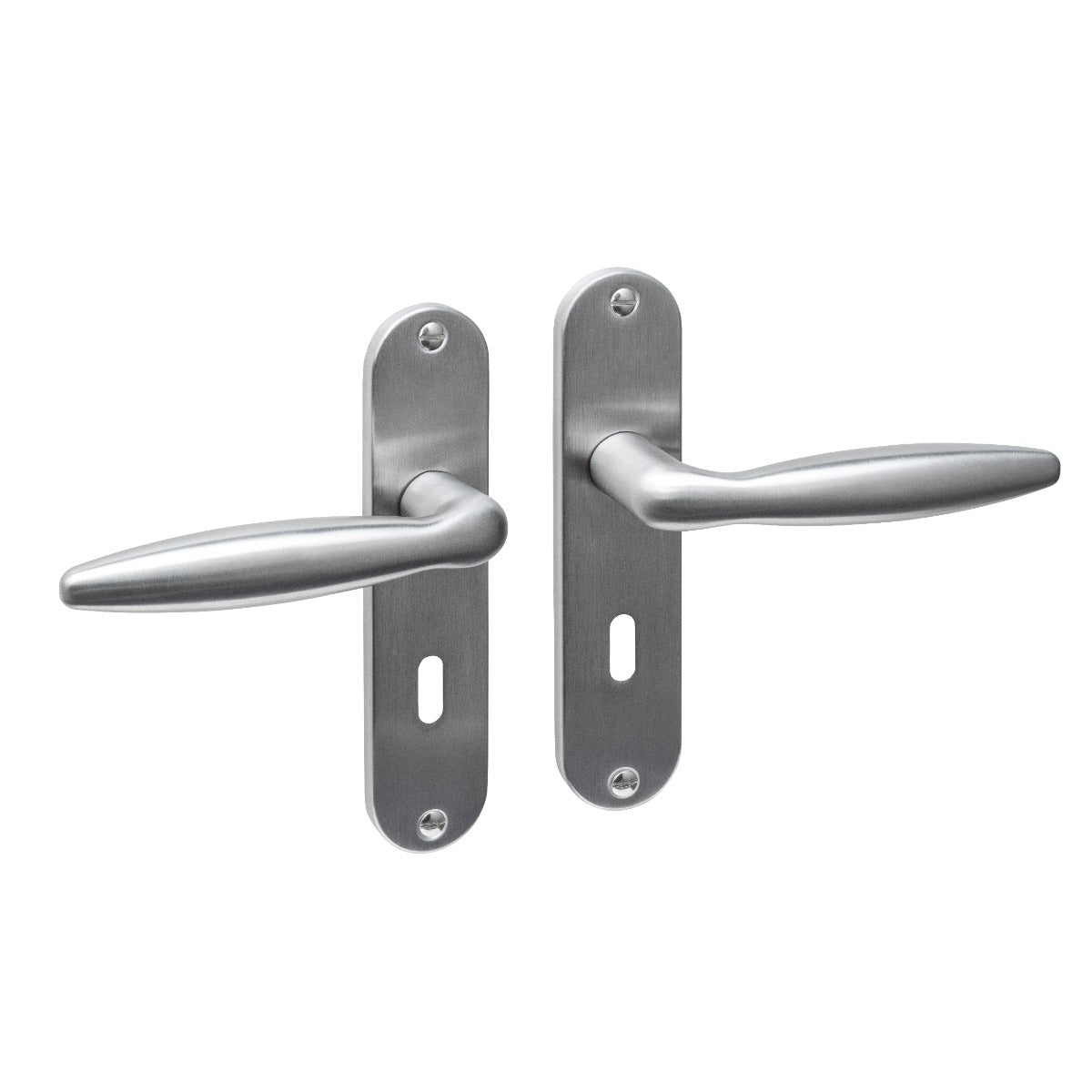 Intersteel Jupiter Basic deurkruk op ovaal schild met sleutelgat 56 mm, RVS geborsteld, vooraanzicht