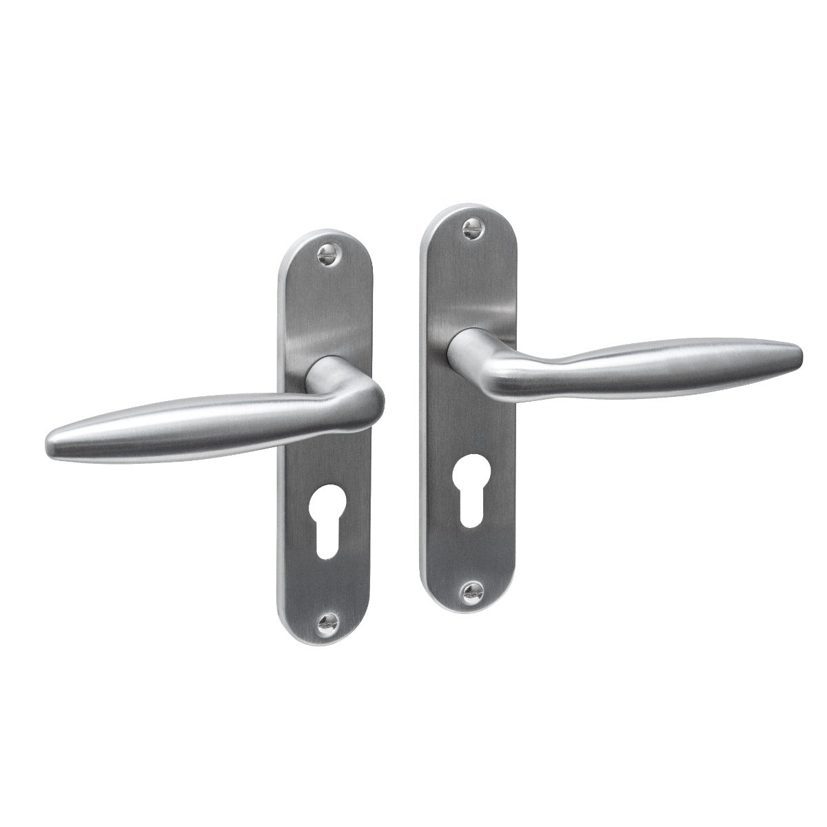 Intersteel deurkruk Jupiter Basic op ovaal schild profielcilinder 55 mm, RVS geborsteld, vooraanzicht