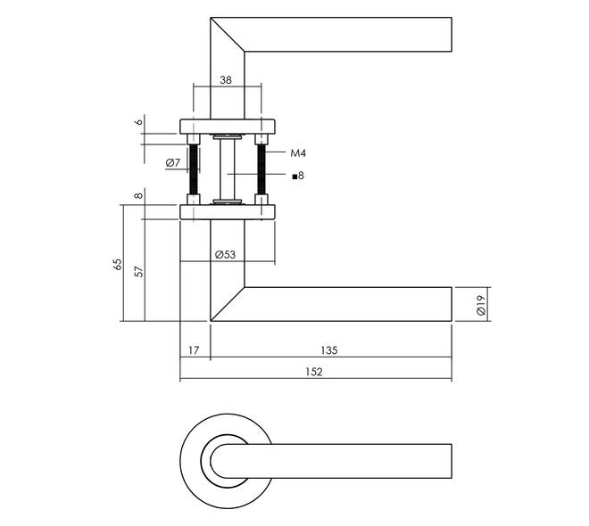 Deurkruk Hoek 90° op Geveerde Stalen Rozet met Nokken Ø53X8MM RVS EN1906/4