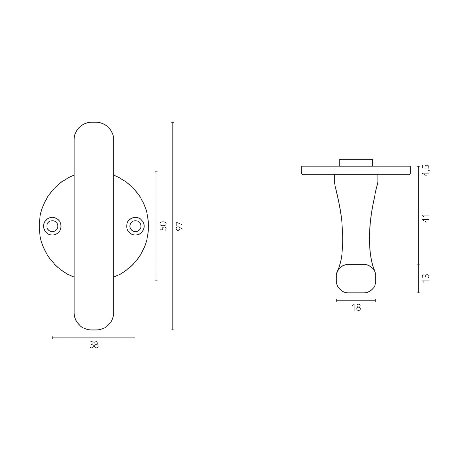 Crafino Terra T+T deurkruk op rond rozet technische tekening