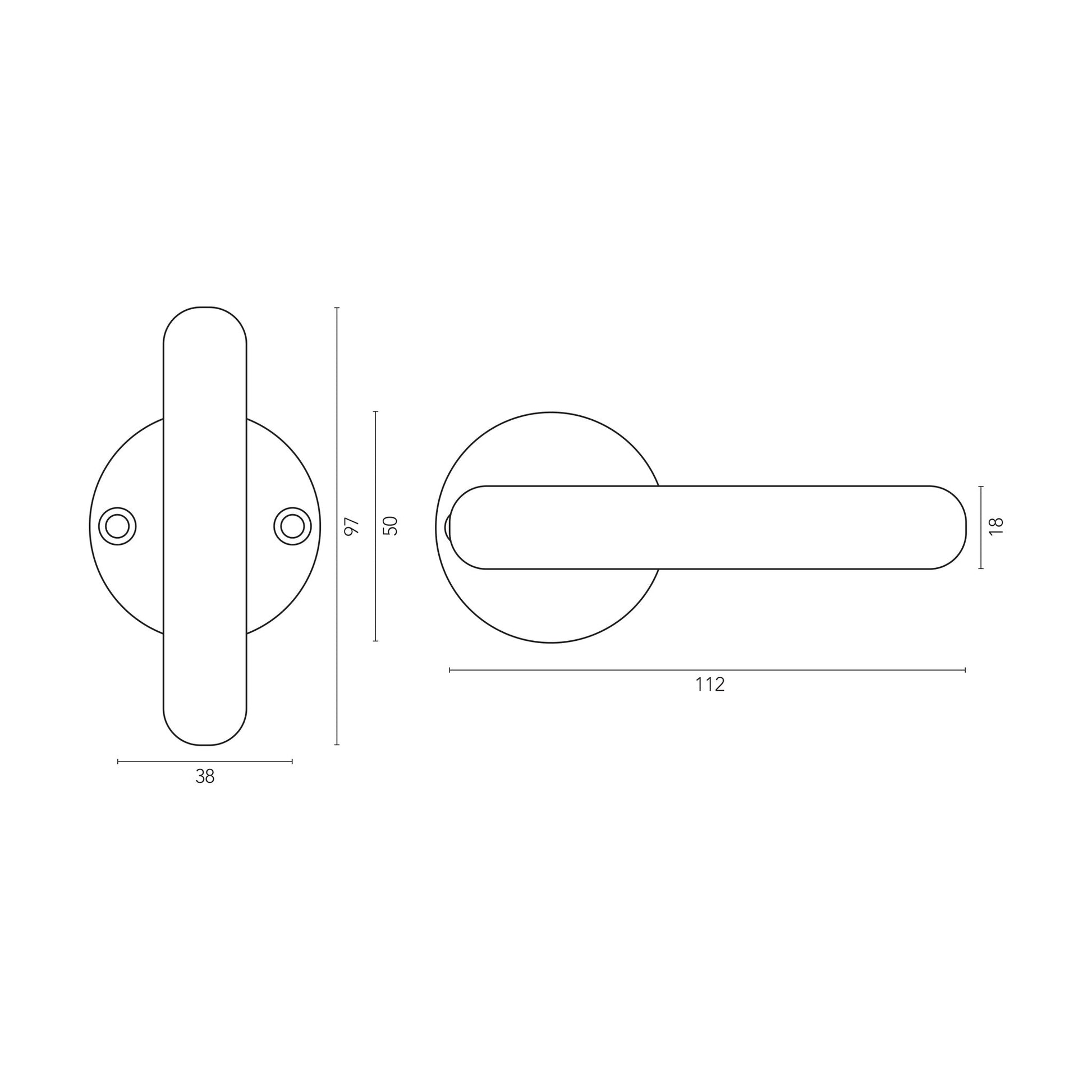 Crafino Terra T+L deurkruk op rond rozet technische tekening