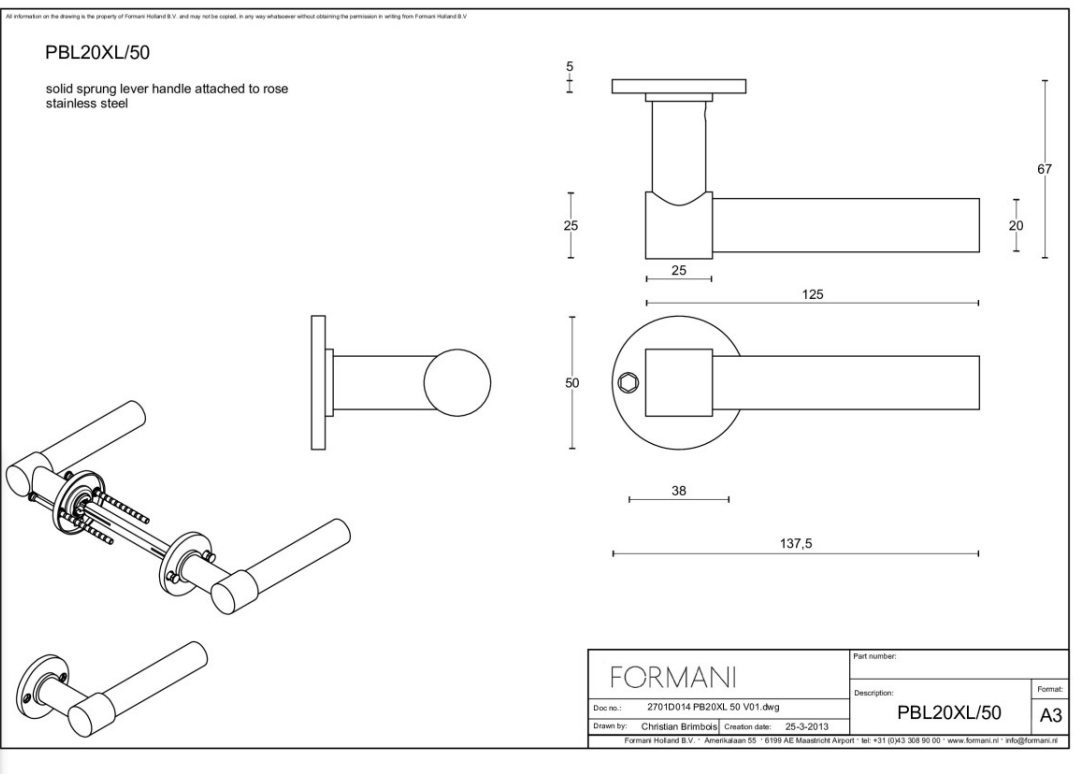 Formani | Deurkruk | Piet Boon | PBL20XL/50 | PVD mat goud