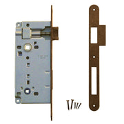 AGB insteekslot WC 90 mm mat brons met smal recht tegenplaatje, vooraanzicht