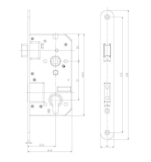 Veiligheidsinsteekslot PC72 SKG**® rechte voorplaat RVS 0160.295.7000 lijntekening
