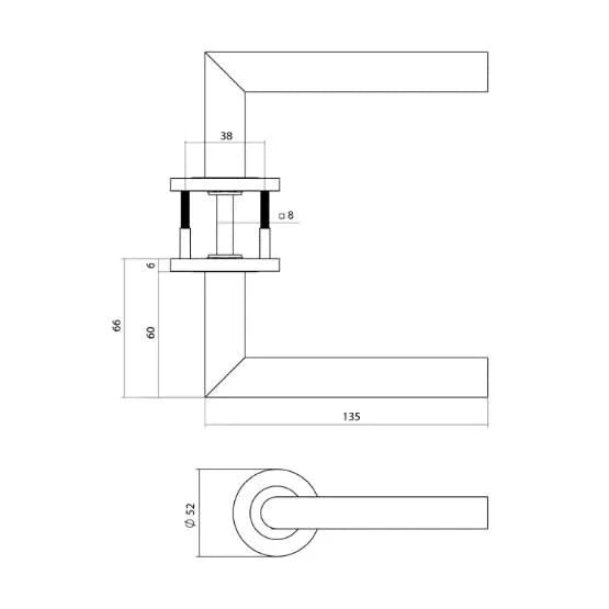 lijntekening Intersteel deurkruk Q 01 op rozet verdekt ø52x6mm pvd brons