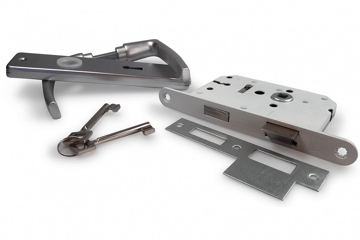 Dulimex deurgreepset met schild en dag- en nachtslot klavier SL56 F1 aluminium vooraanzicht