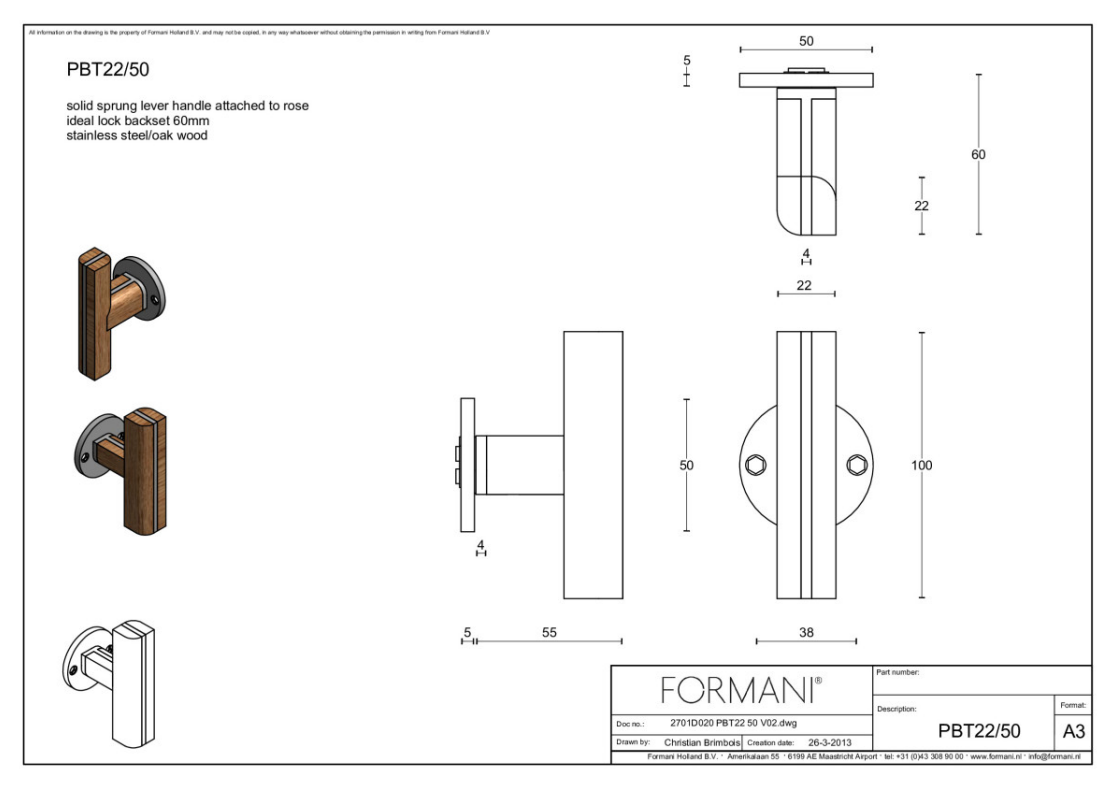 Formani | Deurkruk | Piet Boon | PBT22/50 | mat roestvast staal/ eikenhout zwart