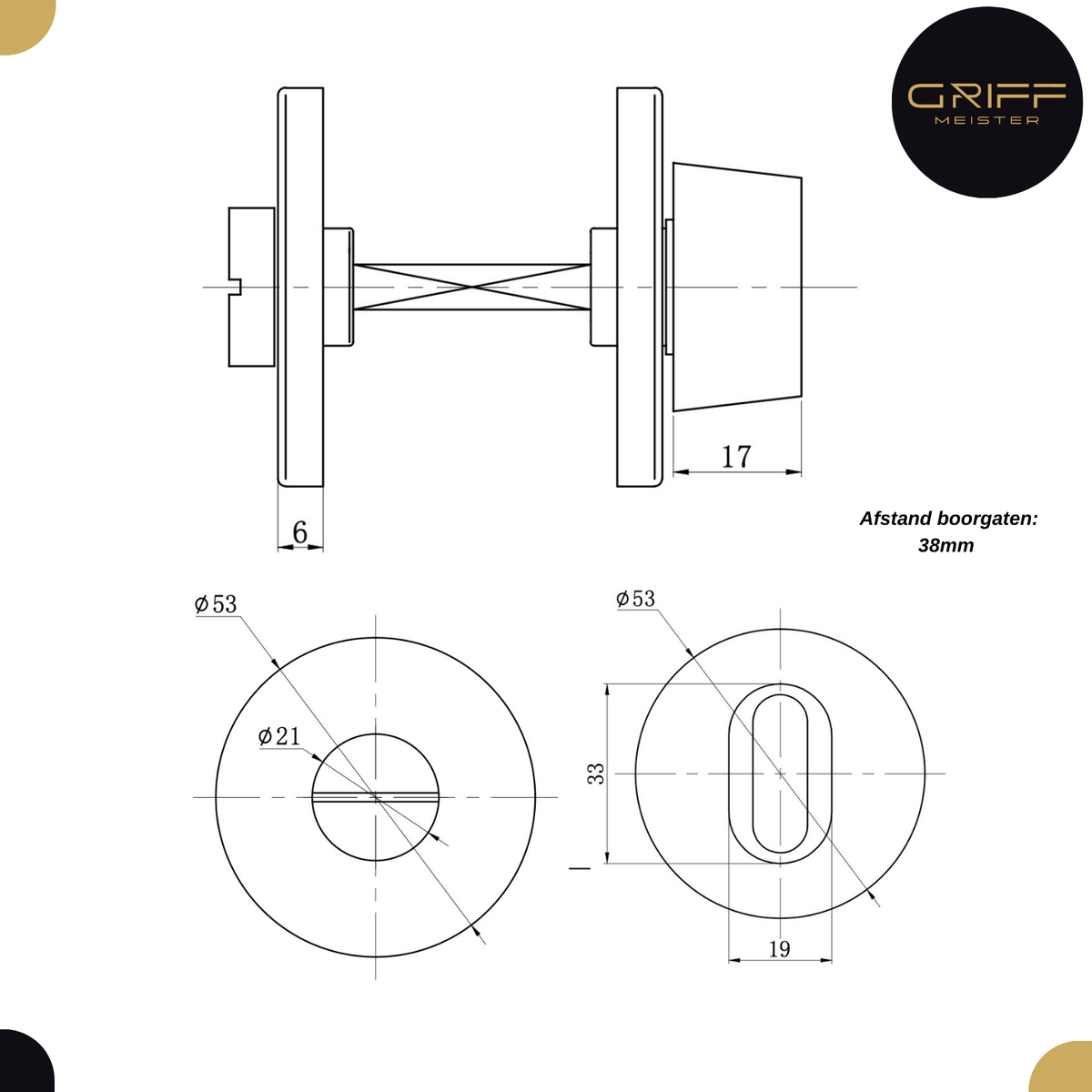 Griff Meister | Toiletrozet 53mm | 6mm Dik | Goud PVD
