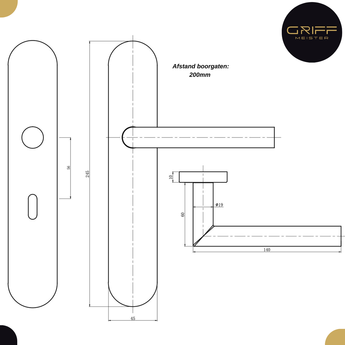 Griff Meister deurkruk Cornisa RVS op ovaal schild Sleutel 56mm – afbeelding 3