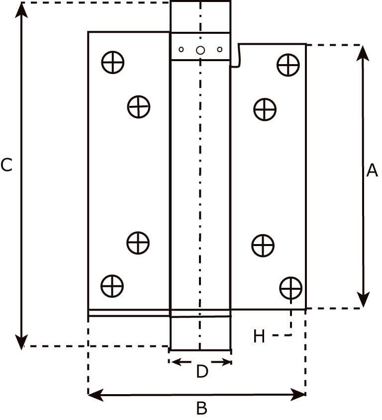Dulimex IBFM bommerscharnier 100 mm vernikkeld, technische tekening met maatvoering