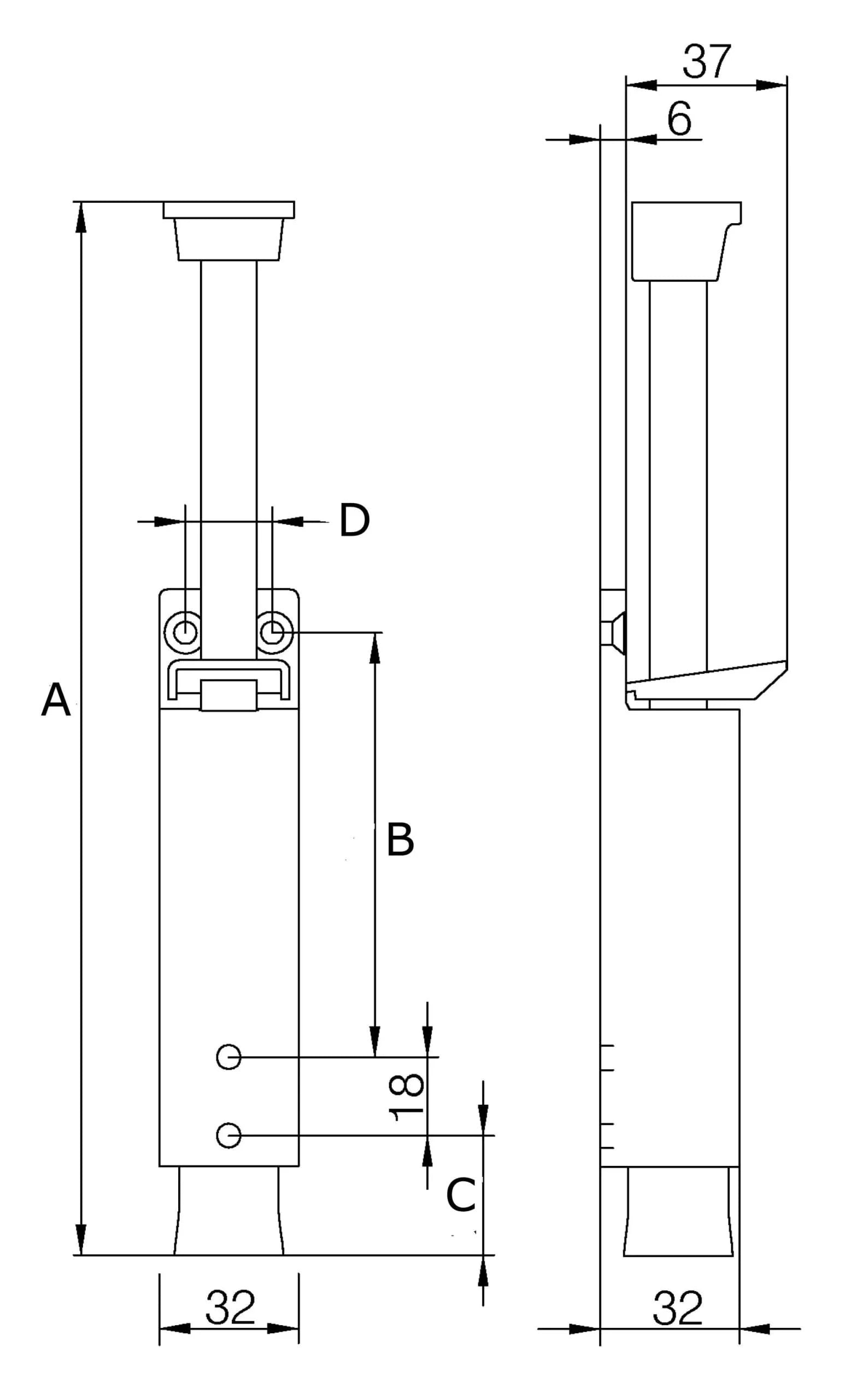 DX – Deurvastzetter voetstift / Luxe / 32×272 mm / schootuitslag 120 mm / deur tot 80 kg / stang staal verzinkt / zamac zilver - Deurbeslag-expert
