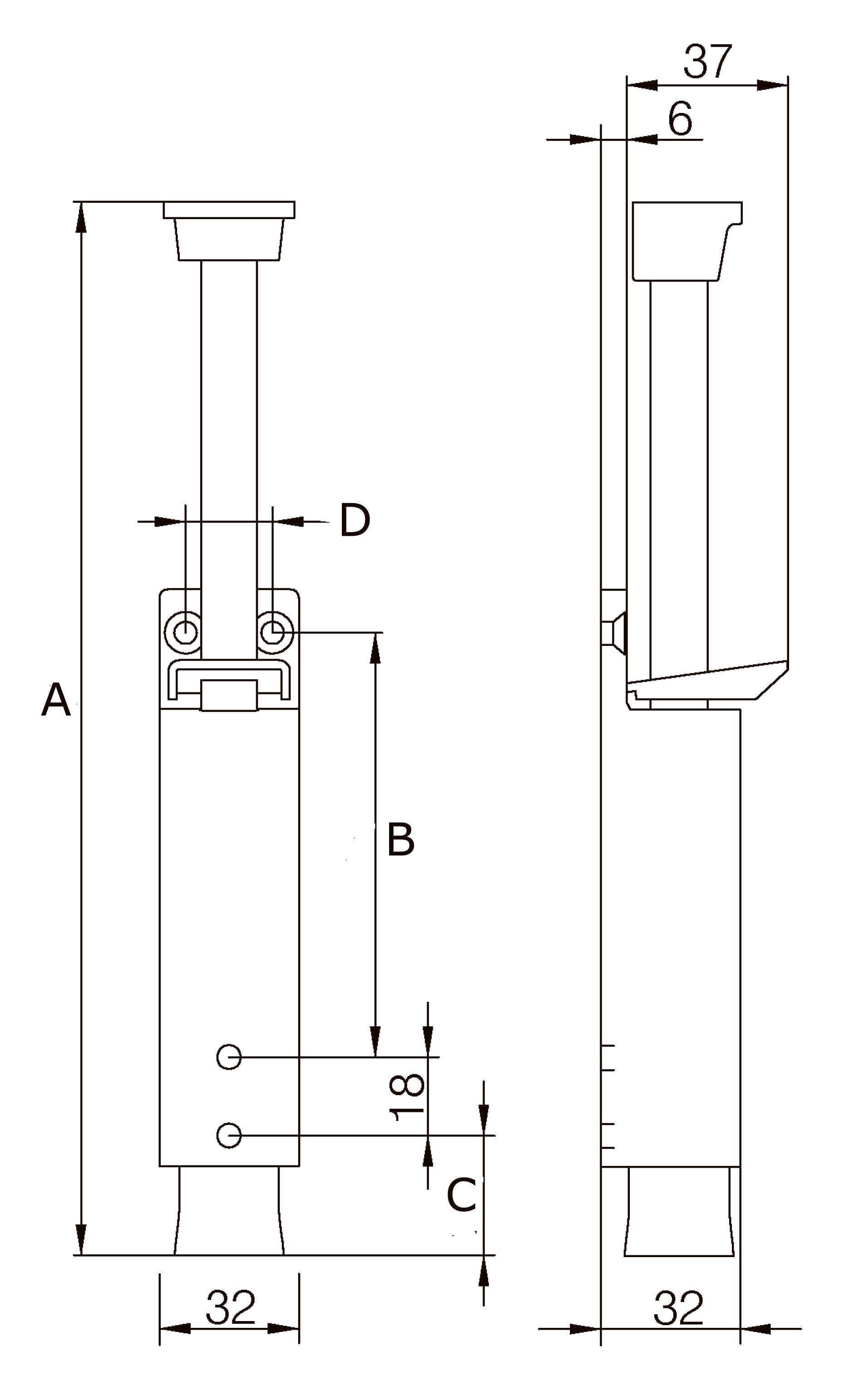 Dulimex DX deurvastzetter voetstift Luxe 32x207 mm F1 aluminium – technische tekening met maatvoering en 60 mm schootuitslag