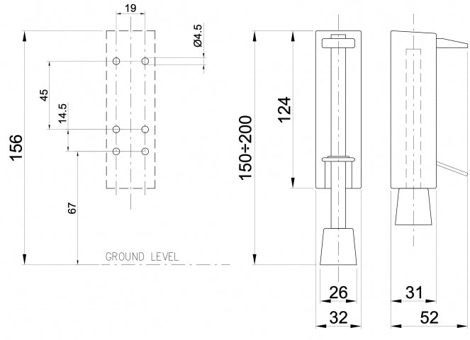 Dulimex DX deurvastzetter voetstift 30x122 mm zwart – technische tekening met maatvoering en 54 mm schootuitslag