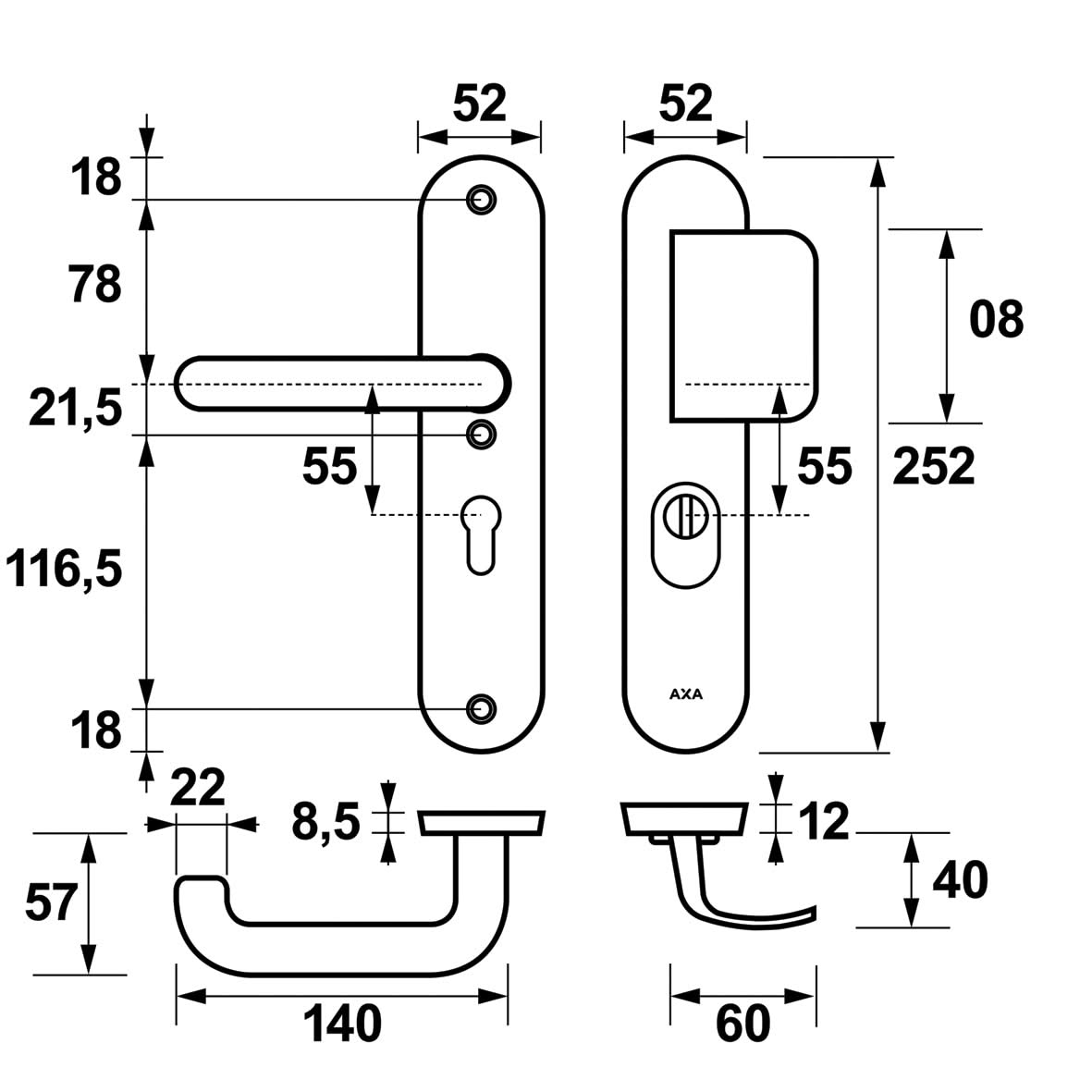 Veiligheidsbeslag Oval Plus D-duwer+kruk U PC55 anti-kerntrek/omkeerbaar/252X52x12/alu. gesl.F1/SKG3 - Deurbeslag-expert