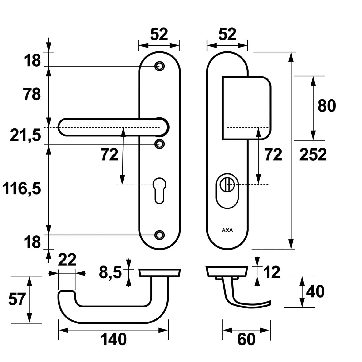 Veiligheidsbeslag Oval Plus D-duwer+kruk U PC72 anti-kerntrek/omkeerbaar/252X52x12/alu. gesl. F1/SKG3 - Deurbeslag-expert
