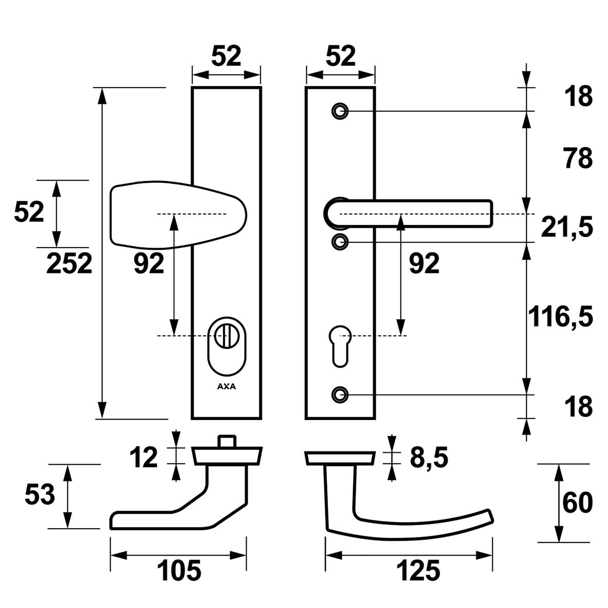 Veiligheidsbeslag Edge Plus Wing-knop+kruk Blok PC92 anti-kerntrek/omkeerbaar/252x52x12/alu. F1/SKG3 - Deurbeslag-expert