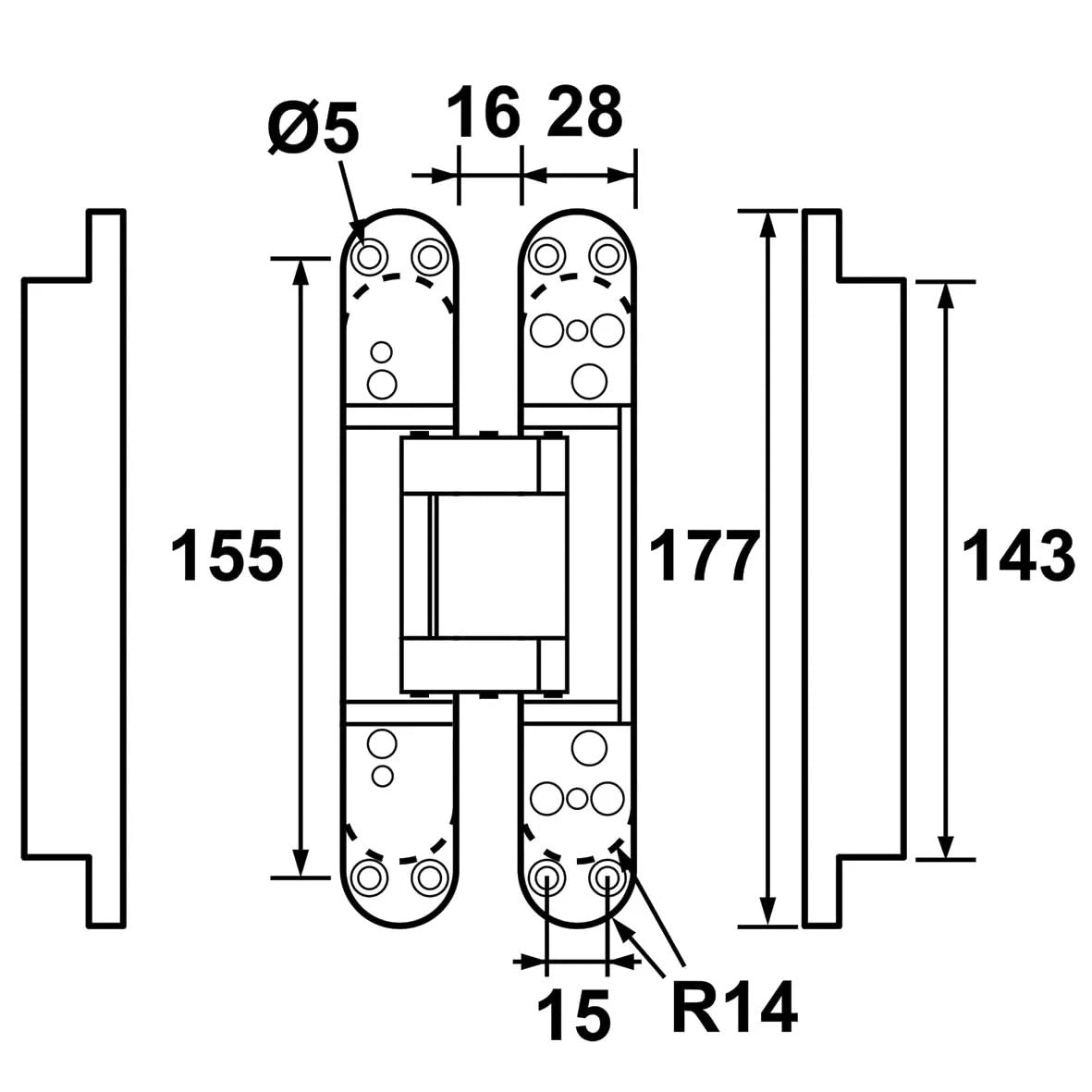 AXA Verdekte scharnier 177x28mm zilvergrijs 1910-3D lijntekening