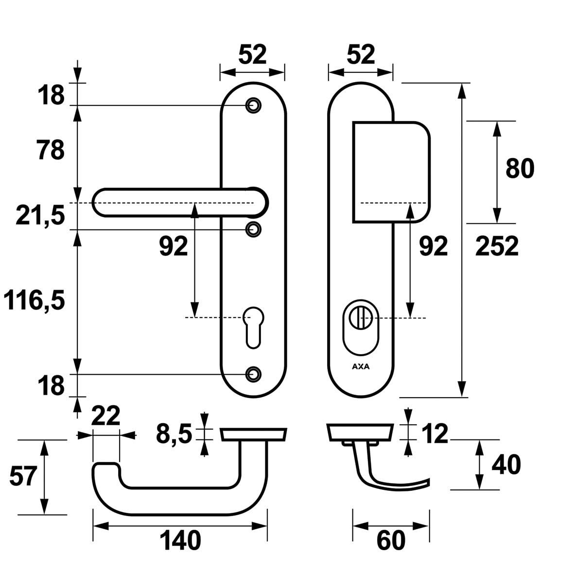 Veiligheidsbeslag Oval Plus D-duwer+krukU PC92 anti-kerntrek/omkeerbaar/252X52x12/alu. gesl. F1/SKG3 - Deurbeslag-expert