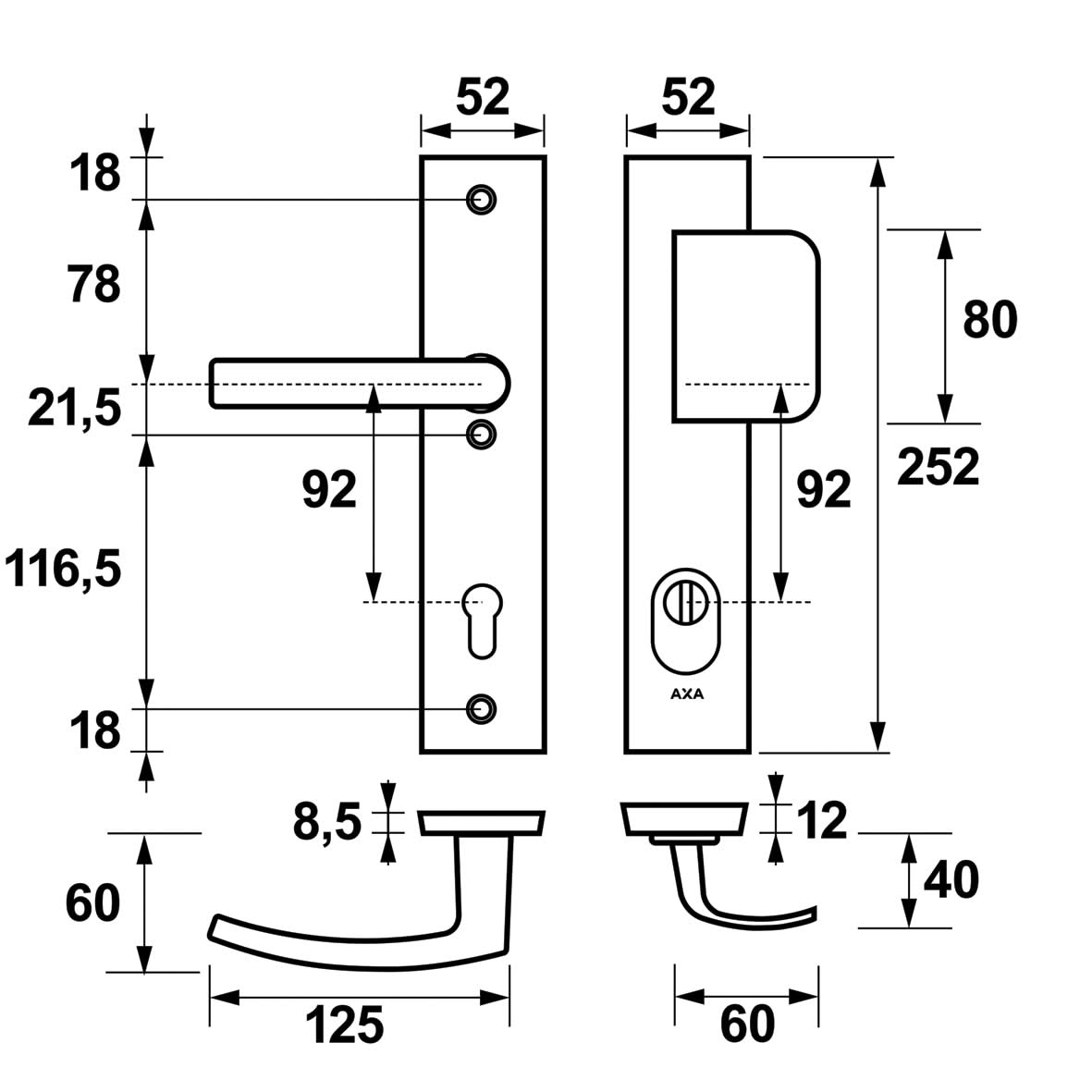Veiligheidsbeslag Edge Plus D-duwer+krukBlok PC92 anti-kerntrek/omkeerbaar/252X52x12/alu. F1/SKG3 - Deurbeslag-expert