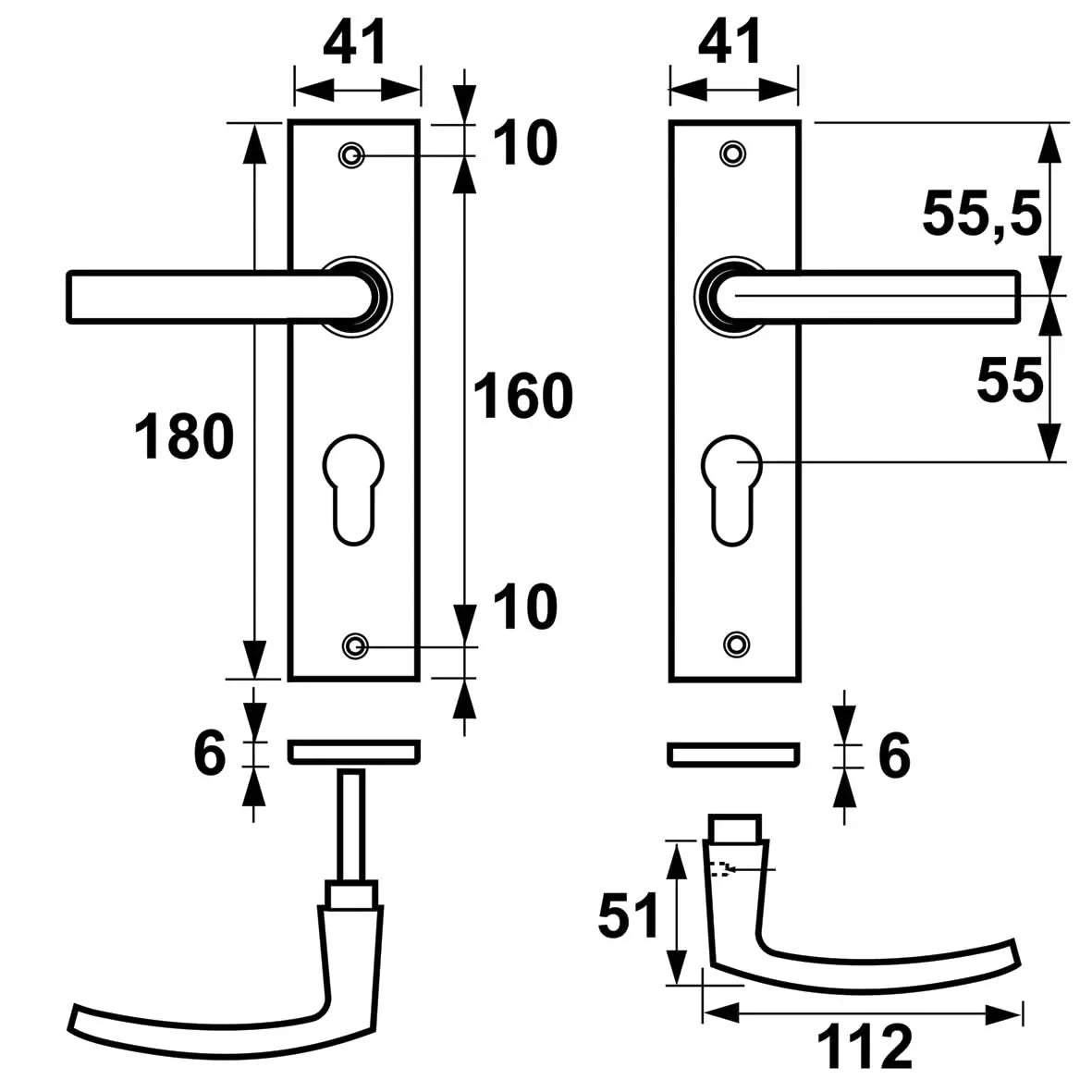 Deurkrukken Edge kruk Blok PC55 Brons technische tekening