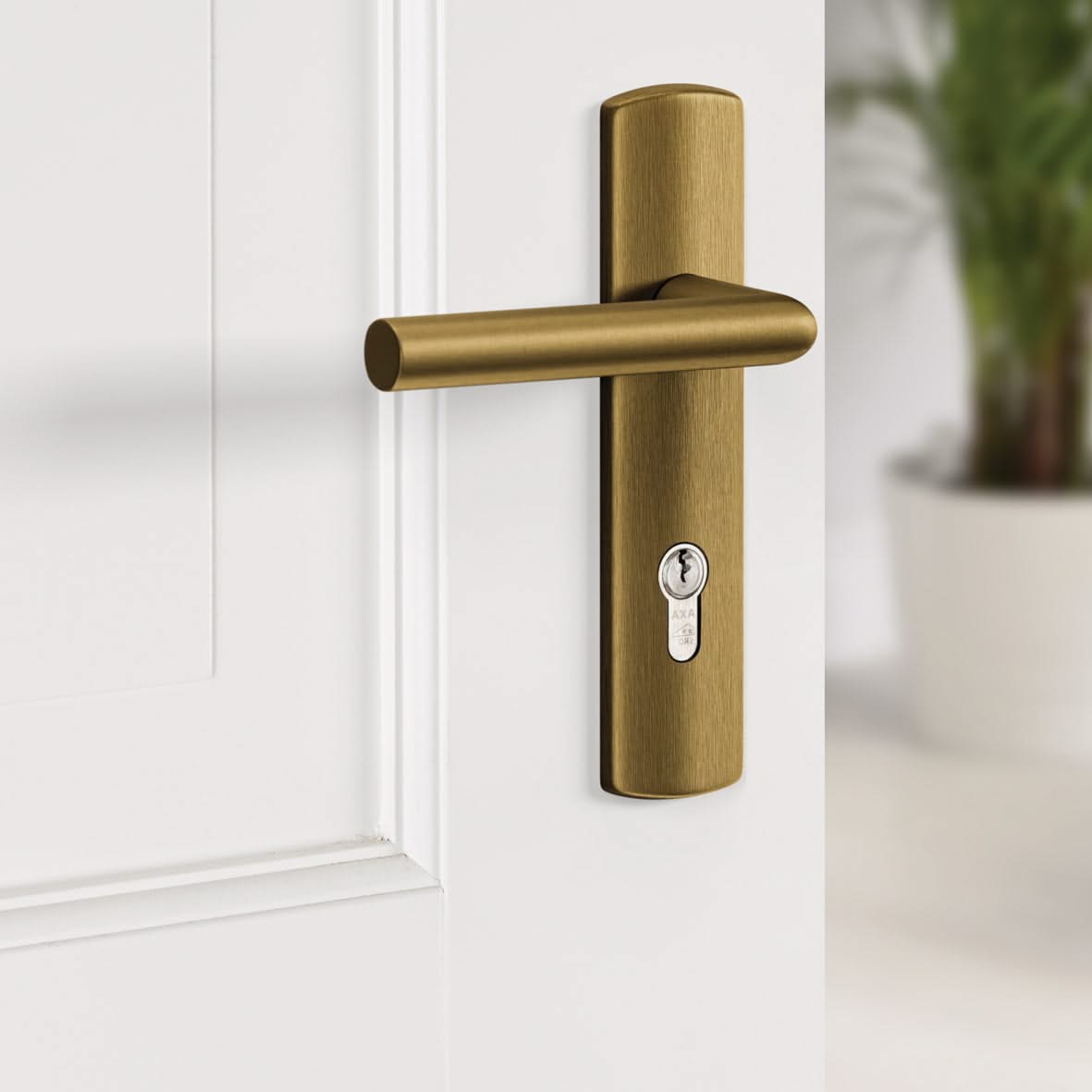 Axa Binnendeurbeslag Curve Brons PC72 met profiel cilinder gemonteerd op witte deur