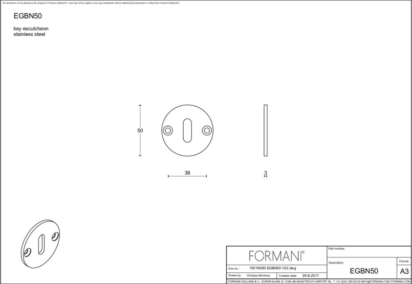 Formani | Sleutelplaatje | EGBN50 | 50mm | mat roestvast staal