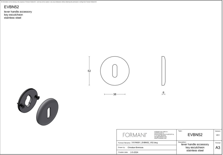 Formani | Sleutelplaatje | EVBN52 | 52mm | gepolijst roestvast staal