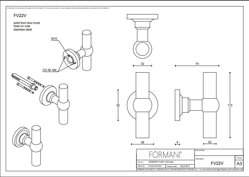 Formani | Voordeurknop FV22V Vast op Rozet | RVS