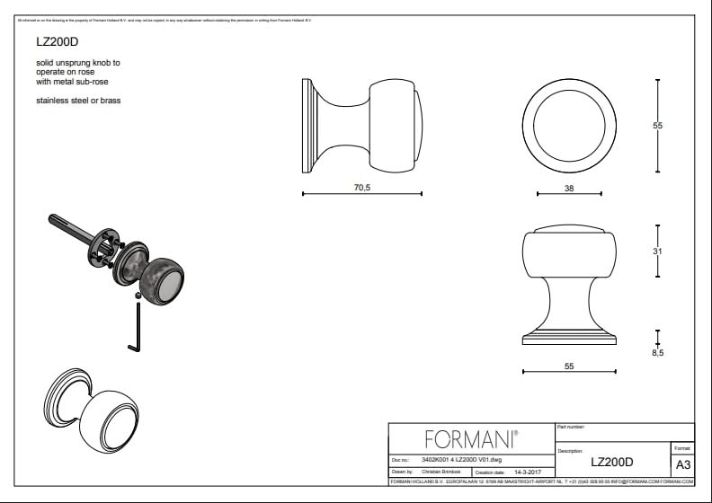Formani | Voordeurknop LZ200D Vast op Rozet | RVS