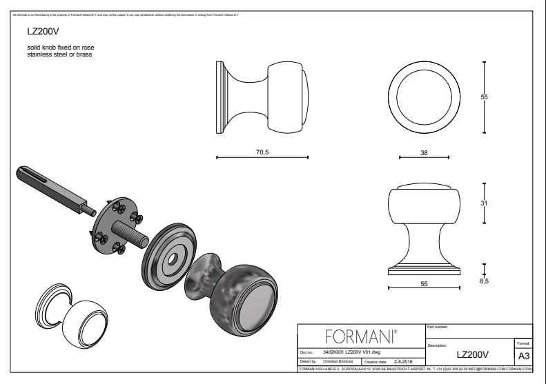 Formani | Voordeurknop LZ200V Vast op Rozet | RVS