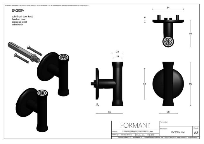 Formani | Voordeurknop EV102V-ZL Vast op Rozet | RVS
