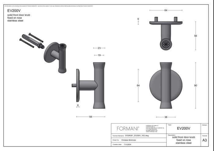 Formani | Voordeurknop EV200V Vast op Rozet | RVS