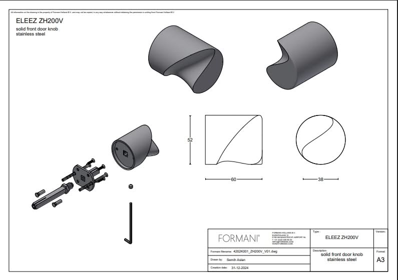Formani | Voordeurknop ZH200V Vast op Rozet | PVD licht brons