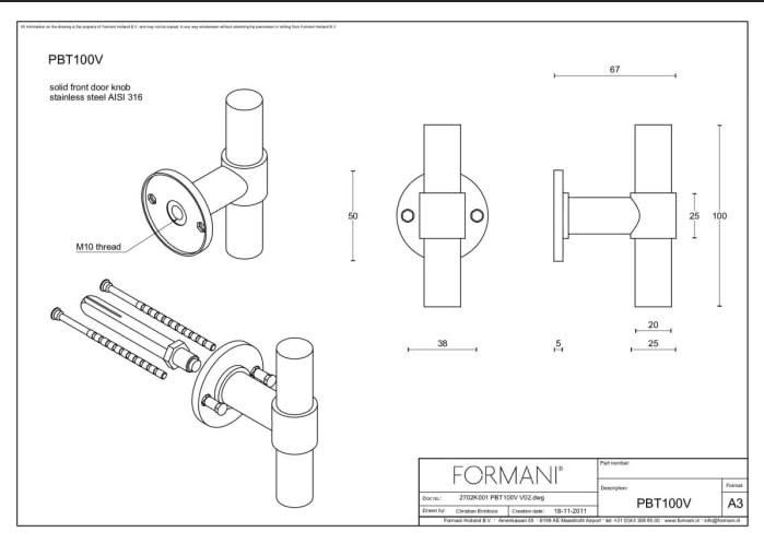 Formani | Voordeurknop PBT100V Vast op Rozet | PVD licht brons