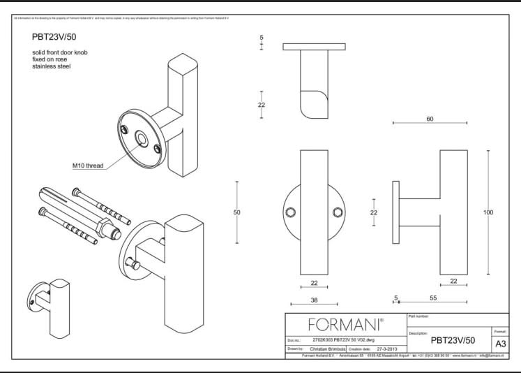 Formani | Voordeurknop PBT23V Vast op Rozet | RVS