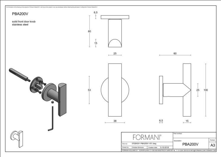 Formani | Voordeurknop PBA200VA Vast op Rozet | PVD mat zwart